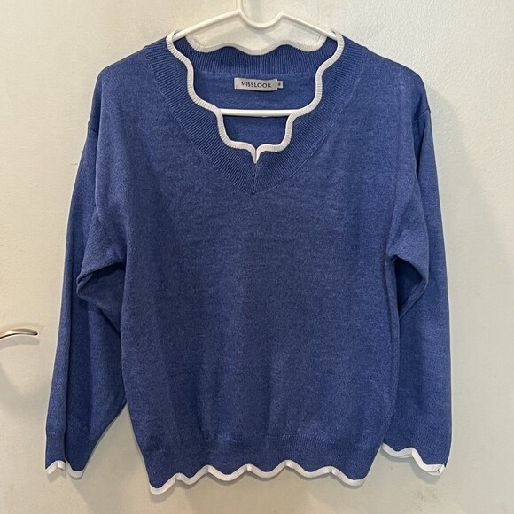 MISSLOOK Womens Blue Knitted Wool Pullover Sweater Scallop Hem Size Medium - Picture 2 of 10